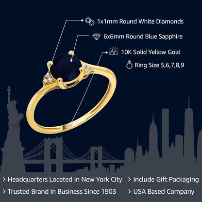 10K Yellow Gold Blue Sapphire and Diamond Accent Women Engagement Ring (1.05 Cttw, round 6MM, Available in Size 5, 6, 7, 8, 9)