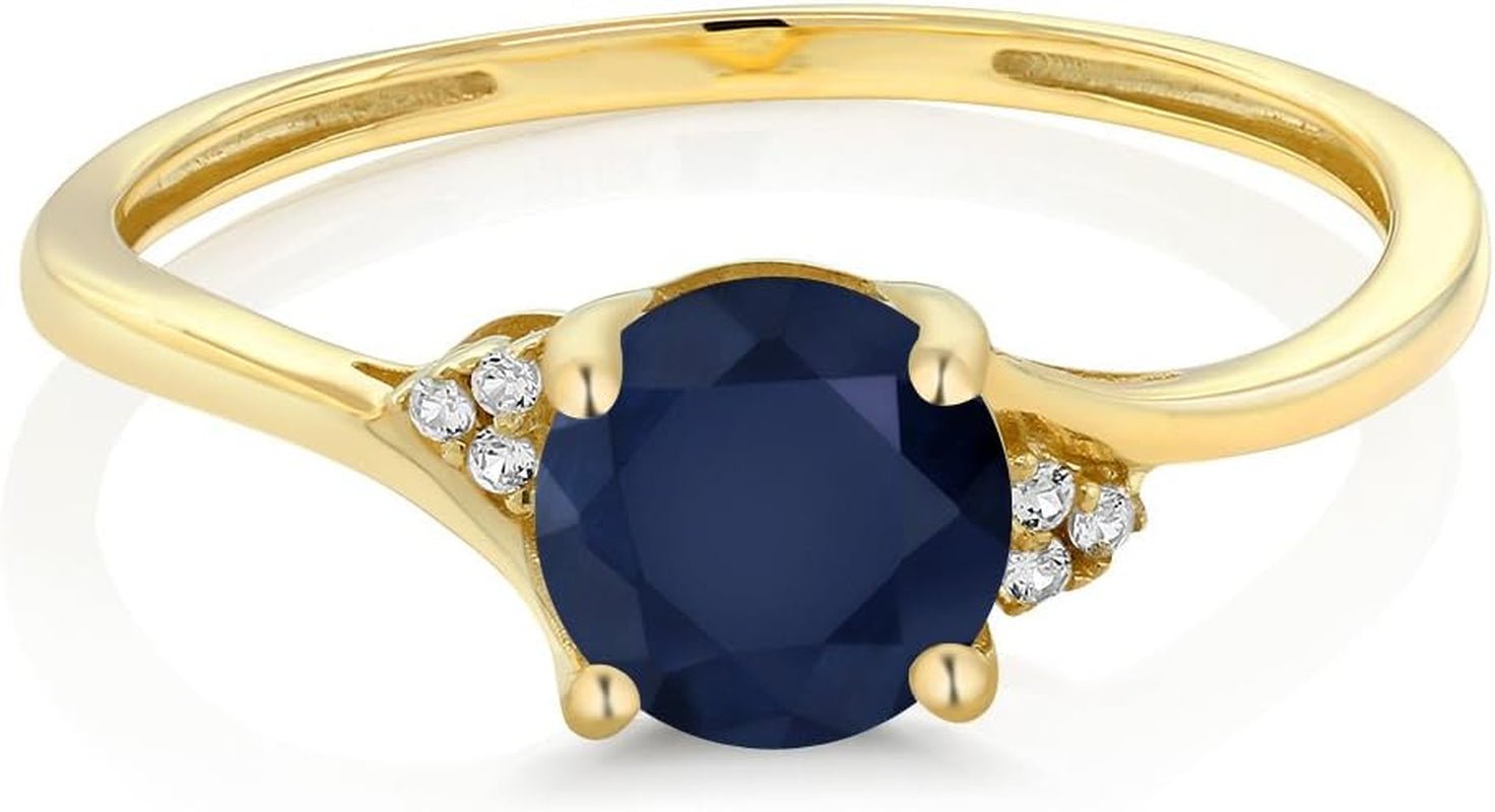 10K Yellow Gold Blue Sapphire and Diamond Accent Women Engagement Ring (1.05 Cttw, round 6MM, Available in Size 5, 6, 7, 8, 9) - WORLD TIME VISITS