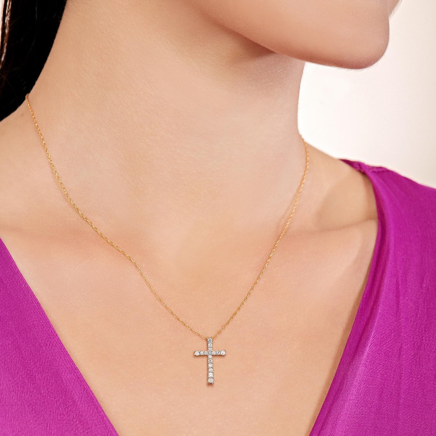 10K Yellow Gold Cross Pendant Necklace for Women | 1/2 CTTW Natural White round Diamonds | 18" Rope Chain | Luxury Jewelry with Gift Box | Timeless Fashion Jewelry Gift for Her - WORLD TIME VISITS
