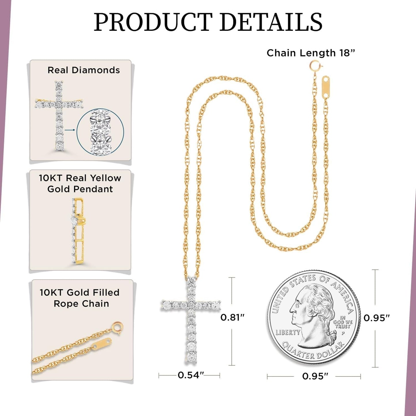 10K Yellow Gold Cross Pendant Necklace for Women | 1/2 CTTW Natural White round Diamonds | 18" Rope Chain | Luxury Jewelry with Gift Box | Timeless Fashion Jewelry Gift for Her