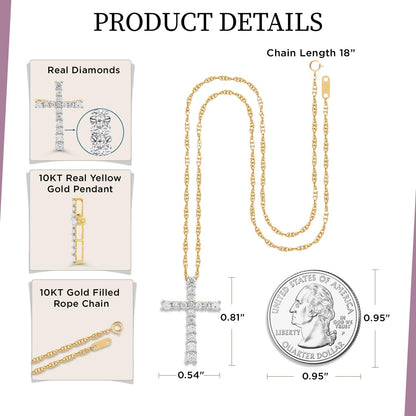 10K Yellow Gold Cross Pendant Necklace for Women | 1/2 CTTW Natural White round Diamonds | 18" Rope Chain | Luxury Jewelry with Gift Box | Timeless Fashion Jewelry Gift for Her