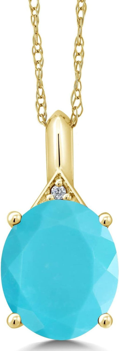 10K Yellow Gold Gemstone Birthstone and White Diamond Pendant Necklace for Women | Oval 12X10MM | Gold Necklace for Women | with 18 Inch Chain - WORLD TIME VISITS