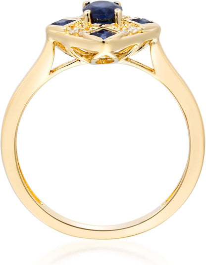 10K Yellow Gold Genuine Blue Sapphire Ring with Diamonds for Women | Ethically, Authentically & Organically Sourced (Oval-Cut) Shaped Sapphire Hand-Crafted Jewelry for Her | Sapphire Ring for Women