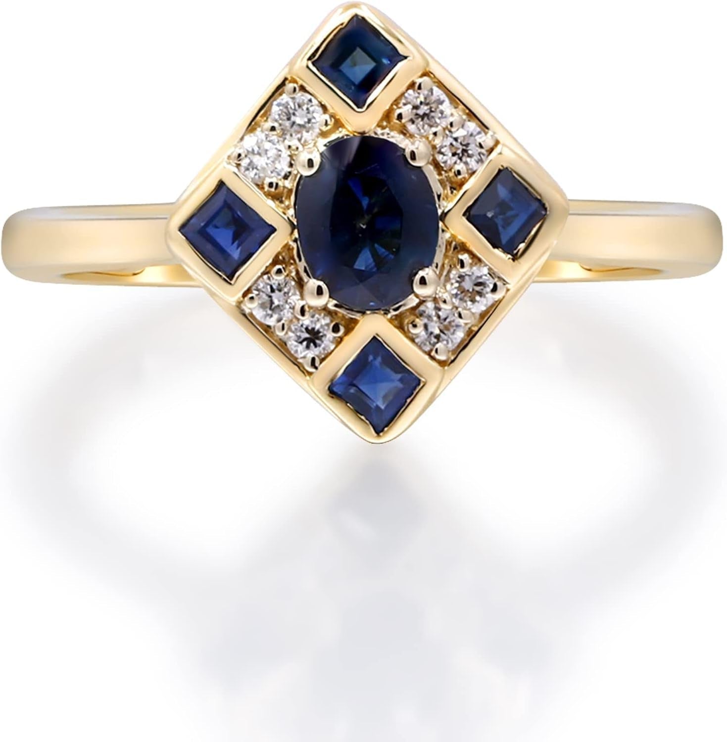 10K Yellow Gold Genuine Blue Sapphire Ring with Diamonds for Women | Ethically, Authentically & Organically Sourced (Oval - Cut) Shaped Sapphire Hand - Crafted Jewelry for Her | Sapphire Ring for Women - WORLD TIME VISITS