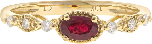 10K Yellow Gold Mozambique Genuine Ruby Ring with Diamonds for Women | Ethically, Authentically & Organically Sourced (Oval) Shaped Ruby Hand - Crafted Jewelry for Her | Ruby Ring for Women - WORLD TIME VISITS