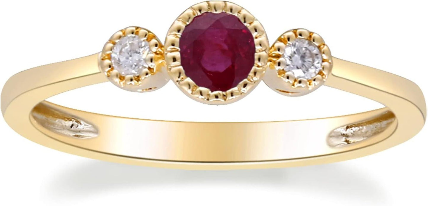 10K Yellow Gold Mozambique Genuine Ruby Ring with Diamonds for Women Holiday Gifts | Ethically, Authentically & Organically Sourced (Round) Shaped Ruby Hand - Crafted Jewelry for Her | Ruby Ring for Women Holiday Gifts - WORLD TIME VISITS