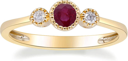 10K Yellow Gold Mozambique Genuine Ruby Ring with Diamonds for Women Holiday Gifts | Ethically, Authentically & Organically Sourced (Round) Shaped Ruby Hand - Crafted Jewelry for Her | Ruby Ring for Women Holiday Gifts - WORLD TIME VISITS