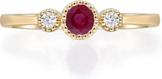 10K Yellow Gold Mozambique Genuine Ruby Ring with Diamonds for Women Holiday Gifts | Ethically, Authentically & Organically Sourced (Round) Shaped Ruby Hand - Crafted Jewelry for Her | Ruby Ring for Women Holiday Gifts - WORLD TIME VISITS