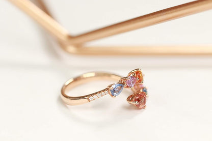 10K Yellow Gold Multi Sapphire Ring with Diamonds for Women | Ethically, Authentically & Organically Sourced (Pear-Cut) Shaped Sapphire Hand-Crafted Jewelry for Her | Sapphire Ring for Women