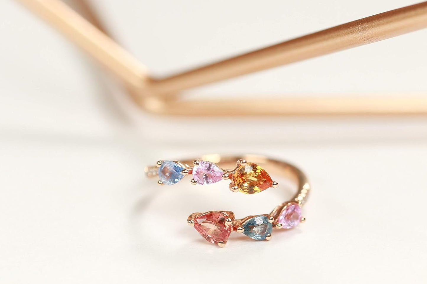10K Yellow Gold Multi Sapphire Ring with Diamonds for Women | Ethically, Authentically & Organically Sourced (Pear-Cut) Shaped Sapphire Hand-Crafted Jewelry for Her | Sapphire Ring for Women