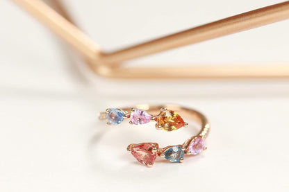 10K Yellow Gold Multi Sapphire Ring with Diamonds for Women | Ethically, Authentically & Organically Sourced (Pear-Cut) Shaped Sapphire Hand-Crafted Jewelry for Her | Sapphire Ring for Women
