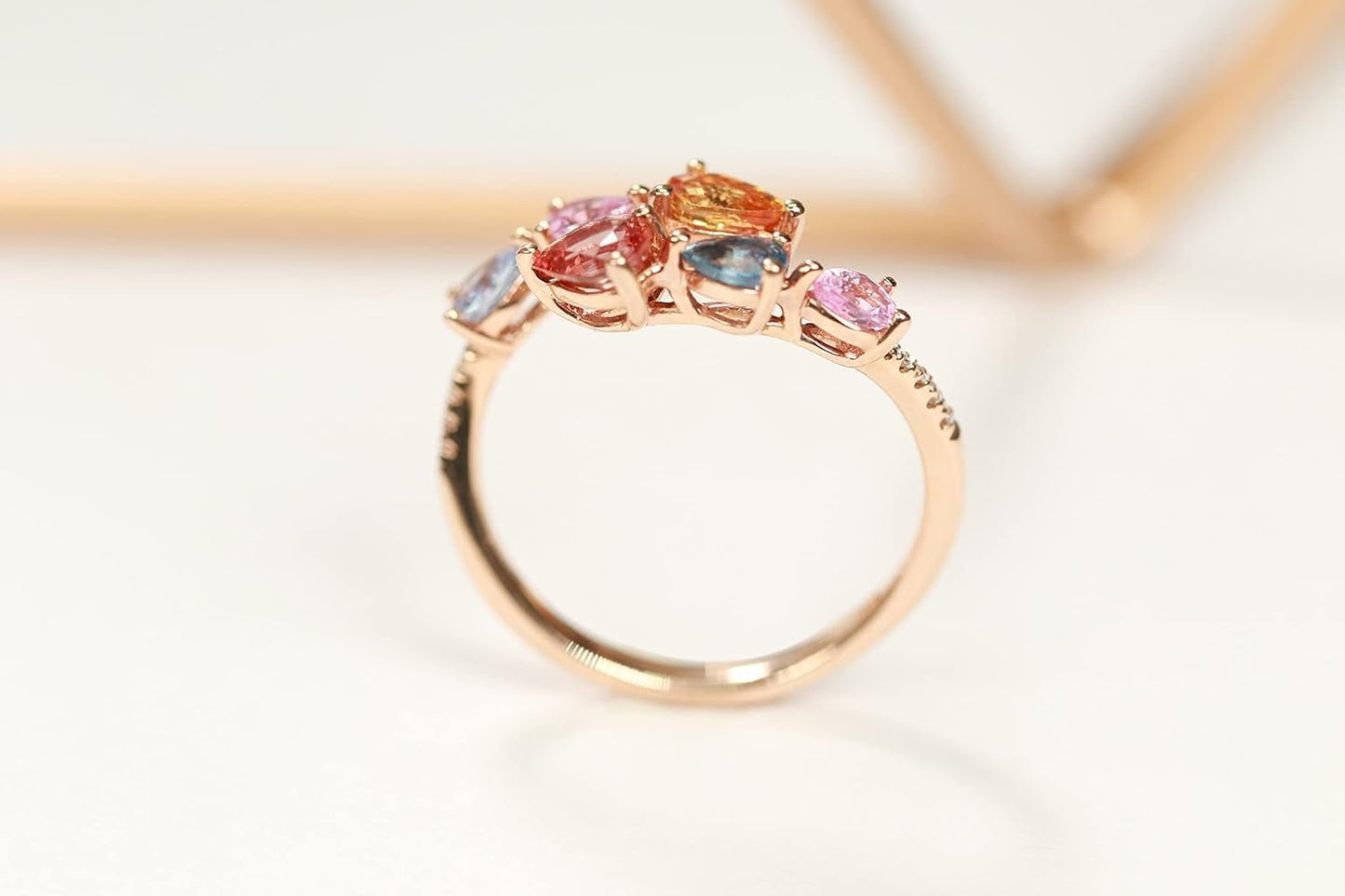 10K Yellow Gold Multi Sapphire Ring with Diamonds for Women | Ethically, Authentically & Organically Sourced (Pear - Cut) Shaped Sapphire Hand - Crafted Jewelry for Her | Sapphire Ring for Women - WORLD TIME VISITS