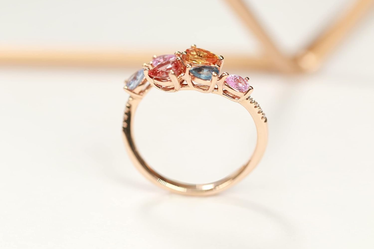 10K Yellow Gold Multi Sapphire Ring with Diamonds for Women | Ethically, Authentically & Organically Sourced (Pear - Cut) Shaped Sapphire Hand - Crafted Jewelry for Her | Sapphire Ring for Women - WORLD TIME VISITS