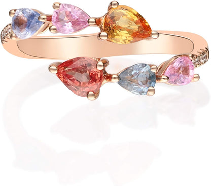 10K Yellow Gold Multi Sapphire Ring with Diamonds for Women | Ethically, Authentically & Organically Sourced (Pear - Cut) Shaped Sapphire Hand - Crafted Jewelry for Her | Sapphire Ring for Women - WORLD TIME VISITS