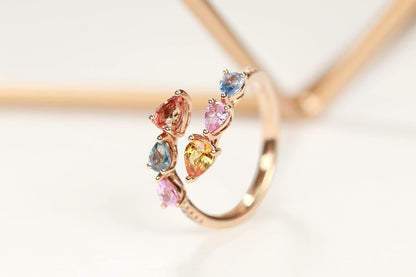 10K Yellow Gold Multi Sapphire Ring with Diamonds for Women | Ethically, Authentically & Organically Sourced (Pear-Cut) Shaped Sapphire Hand-Crafted Jewelry for Her | Sapphire Ring for Women
