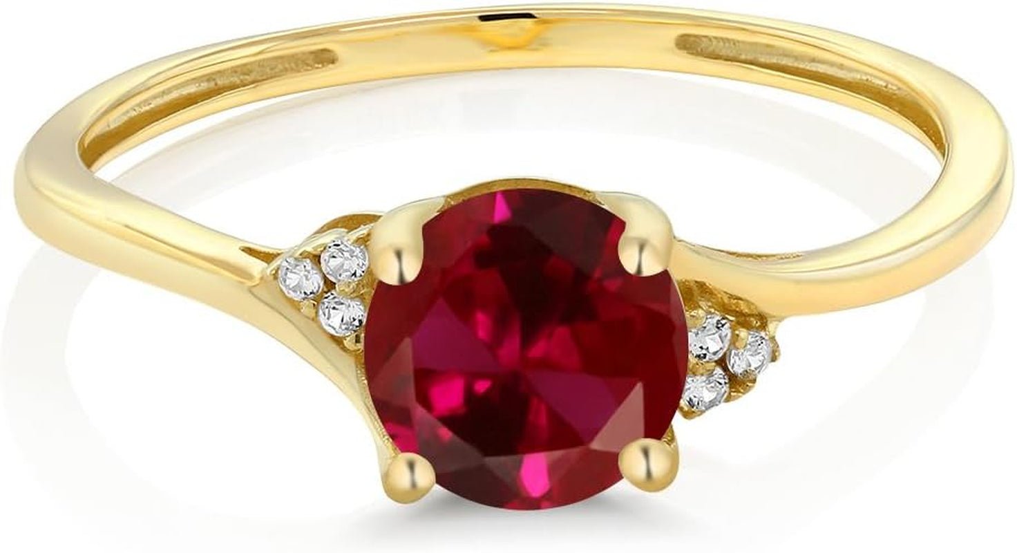 10K Yellow Gold Red Created Ruby and Diamond Accent Engagement Ring for Women (1.05 Cttw, round 6MM, Available in Size 5, 6, 7, 8, 9) - WORLD TIME VISITS