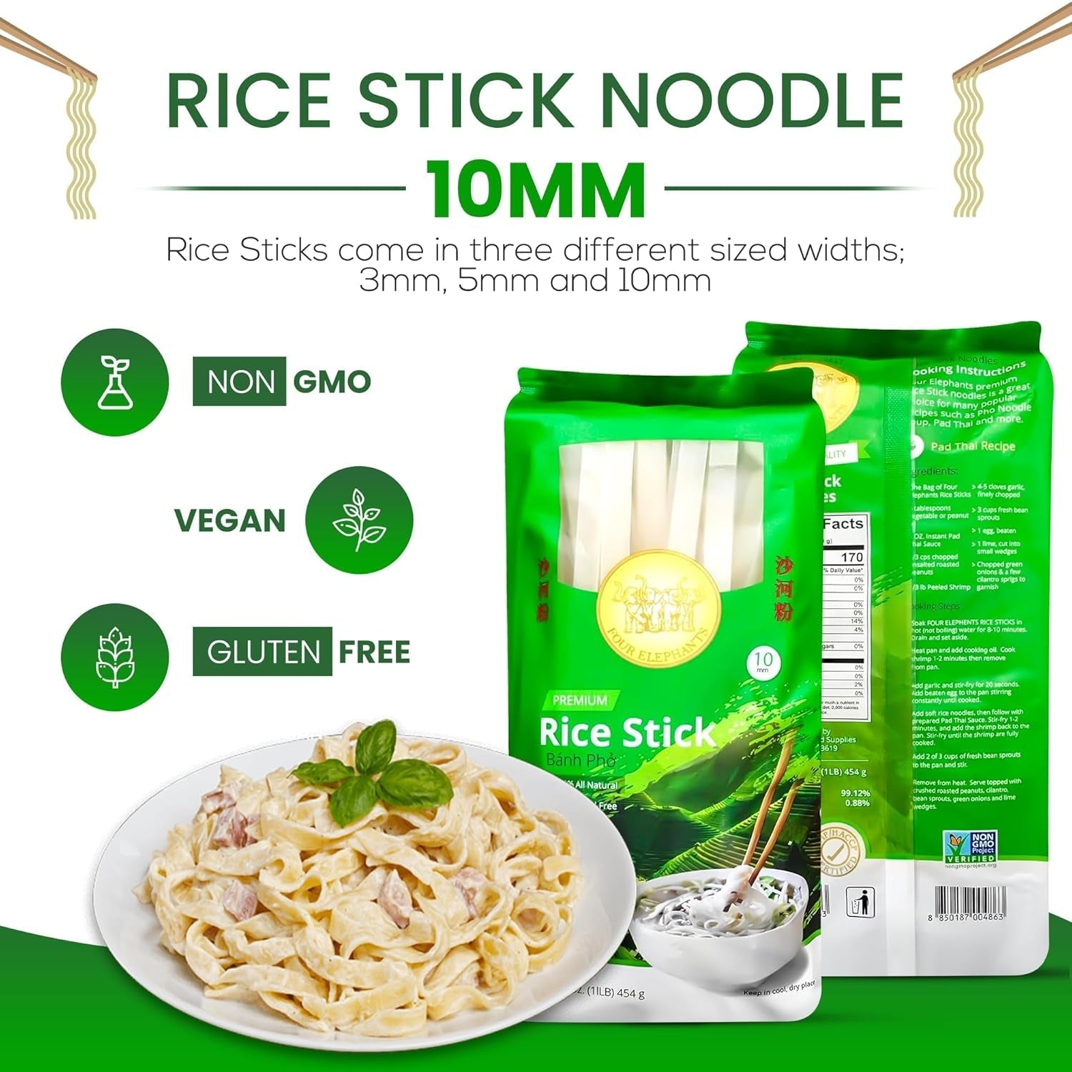 10MM Rice Stick Noodles (Authentic) | Pack of 3 | 1LB 454G per Pack | Use for Pad Thai & Pho | DIY Cooking Instructions Included | Brand - WORLD TIME VISITS