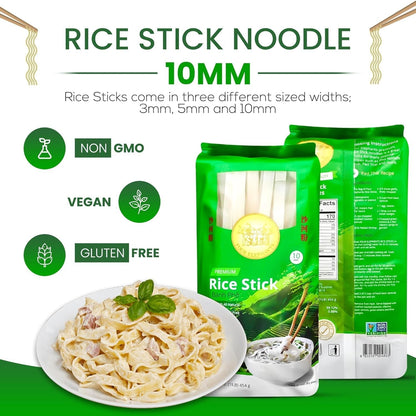 10MM Rice Stick Noodles (Authentic) | Pack of 3 | 1LB 454G per Pack | Use for Pad Thai & Pho | DIY Cooking Instructions Included | Brand - WORLD TIME VISITS
