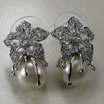 10mm White Pearl White Topaz 925 Sterling Silver Gemstone Earrings TE130 - WORLD TIME VISITS