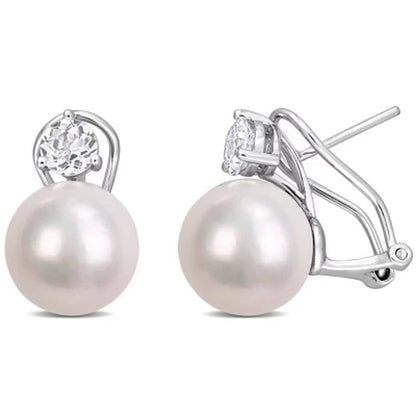 11 - 12 Mm White round Cultured Freshwater Pearl and White Topaz Clipback Earrings in Sterling Silver - WORLD TIME VISITS