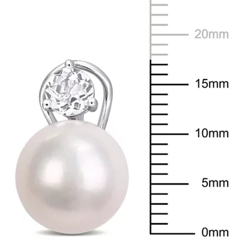11-12 Mm White round Cultured Freshwater Pearl and White Topaz Clipback Earrings in Sterling Silver