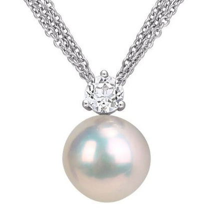 11 - 12Mm White round Cultured Freshwater Pearl and White Topaz Drop Pendant in Sterling Silver - WORLD TIME VISITS