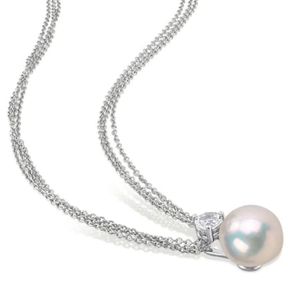 11-12Mm White round Cultured Freshwater Pearl and White Topaz Drop Pendant in Sterling Silver