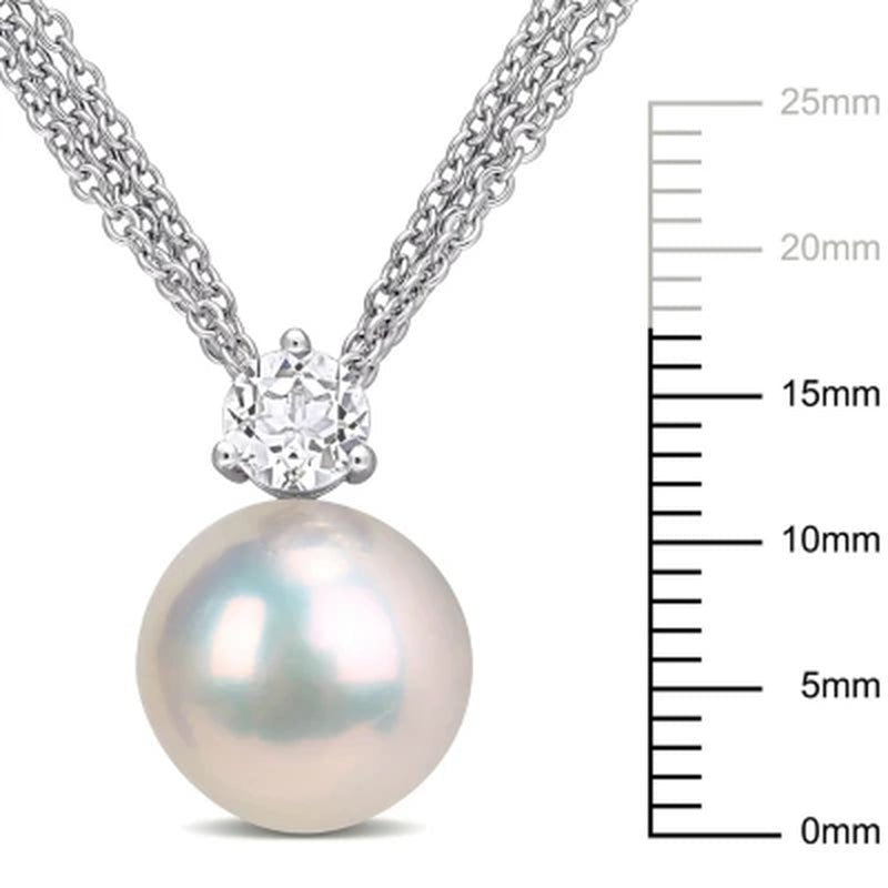 11 - 12Mm White round Cultured Freshwater Pearl and White Topaz Drop Pendant in Sterling Silver - WORLD TIME VISITS