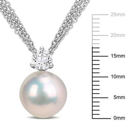 11 - 12Mm White round Cultured Freshwater Pearl and White Topaz Drop Pendant in Sterling Silver - WORLD TIME VISITS