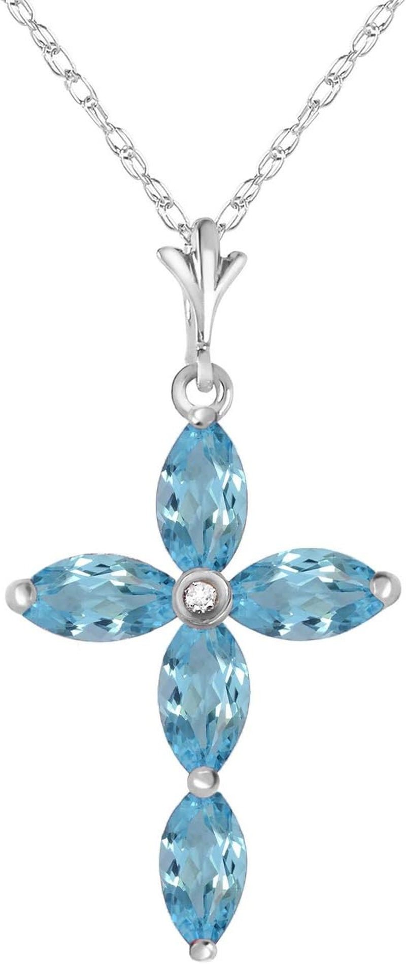1.1 Carat 14K Solid White Gold Necklace with Genuine Diamond and Blue Topaz Cross Pendant