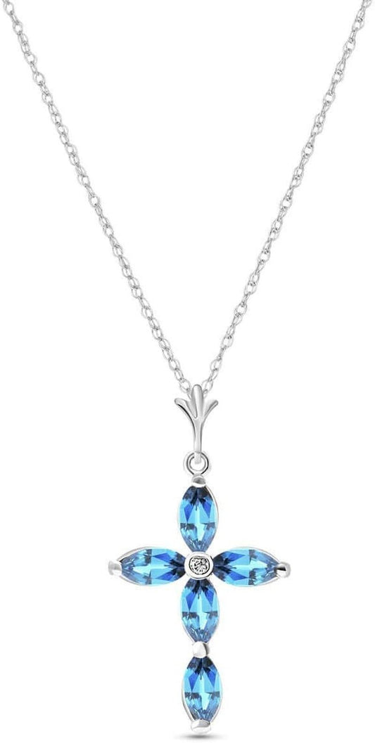 1.1 Carat 14K Solid White Gold Necklace with Genuine Diamond and Blue Topaz Cross Pendant - WORLD TIME VISITS