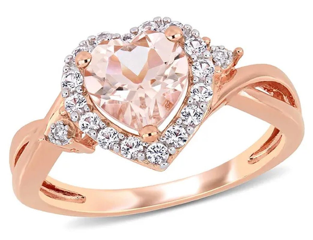 1.10 Carat (ctw) Morganite Heart Promise Ring in Rose Pink Sterling Silver Synthetic White Sapphires - WORLD TIME VISITS