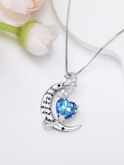I Love You to the Moon and Back Necklace Sterling Silver Heart Birthstone Necklace Birthday Jewelry Gifts for Women