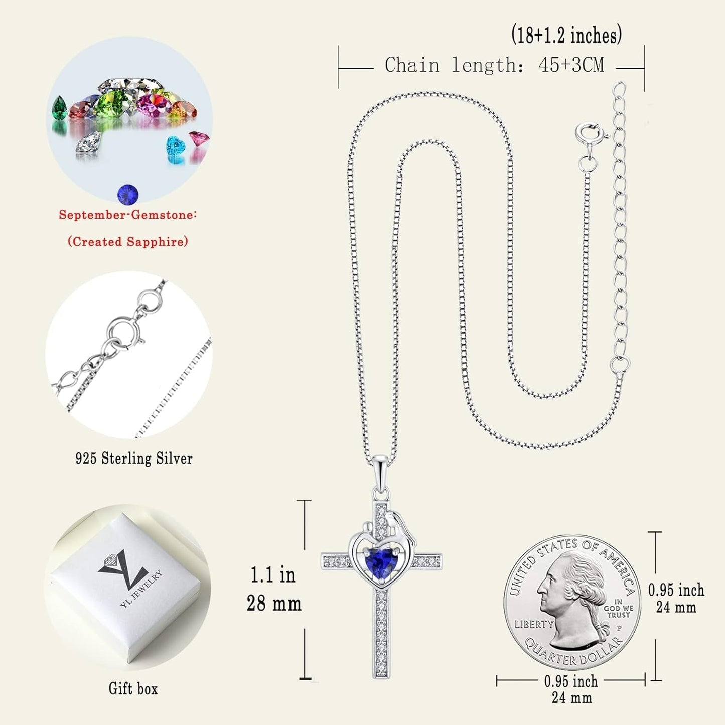 Mom Cross Necklace 925 Sterling Silver Mother Pendant Birthstone Mum Jewelry for Women