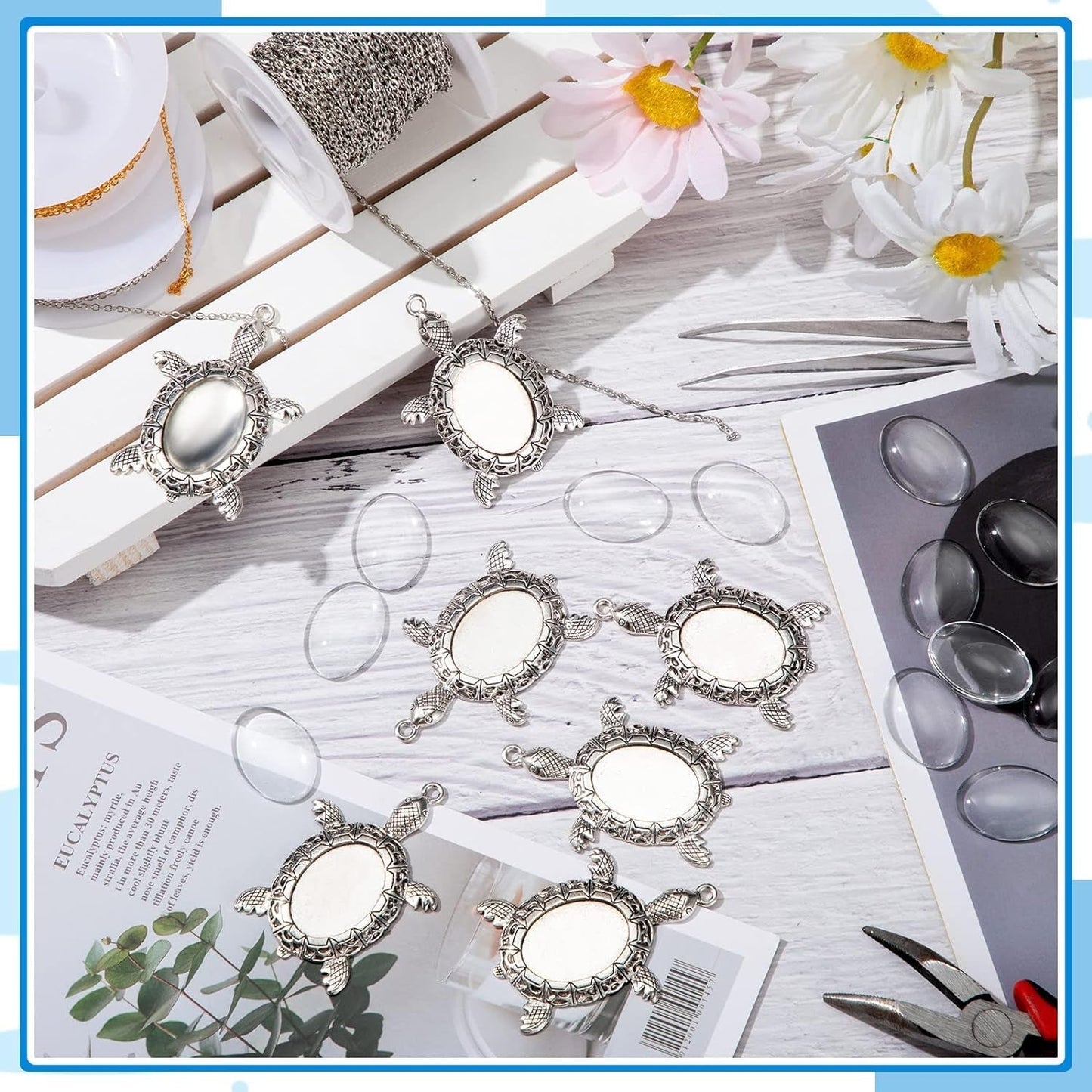 40 Pieces Antique Silver Turtle Pendant Settings, Include 20 Blank Turtle Pendant Tray with 0.71 X 0.98 Inch Oval Cabochons Base for DIY Jewelry Making