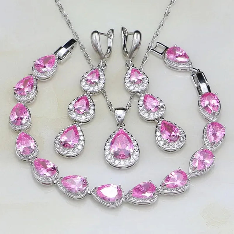 Trendy Water Drop Blue Sapphire White Topaz 925 Sterling Silver Jewelry Sets Women Wedding Earrings/Pendant/Necklace/Bracelet