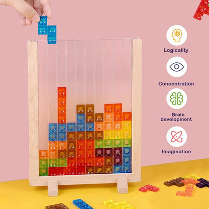 Wooden Blocks Puzzle Brain Teasers Toy, Intelligent Colorful 3D Plastic Blocks Game with Vertical Wood Frame Game Board, Tangram Educational Montessori Toys Gift for Kids Age 4-8 Years Old