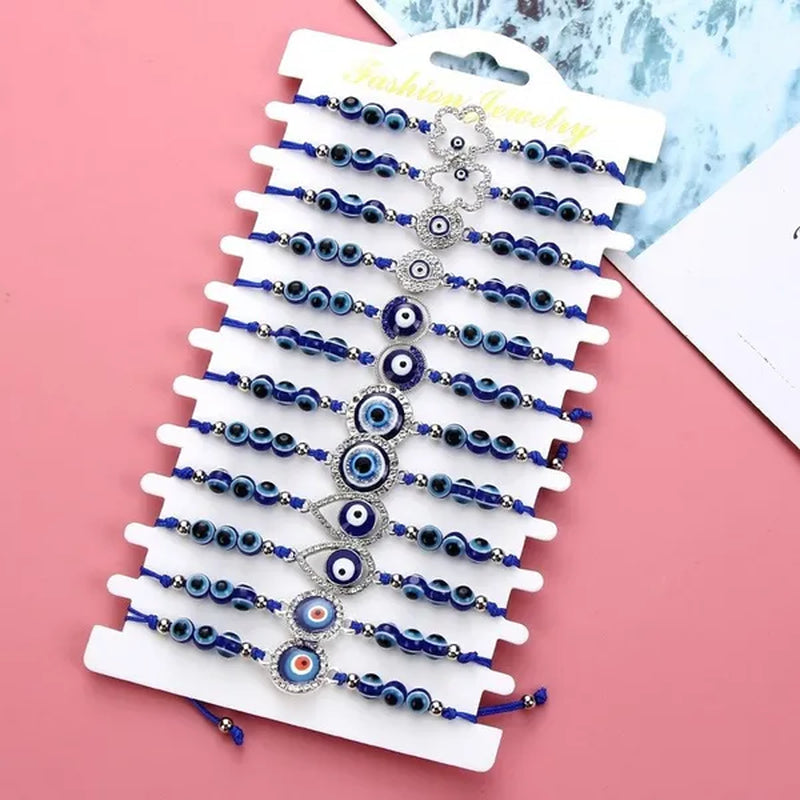 12 Pcs/Set Bohemian Handmade Braided Rope Charm Bracelets Rhinestone Blue Round Beads Evil Eye Bracelet  for Women Men Friendship Jewelry Gifts