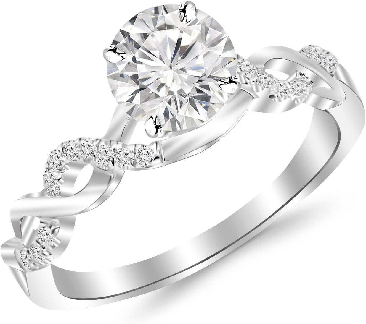 1.13 Carat Twisting Infinity Gold and Diamond Split Shank Pave Set Diamond Engagement Ring 14K White Gold with a 1 Carat H - I Color, I3 Clarity Center - WORLD TIME VISITS