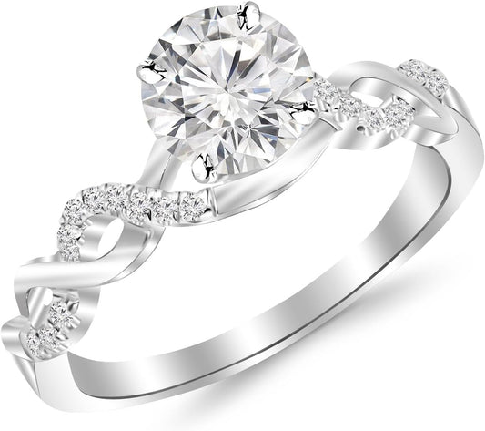 1.13 Carat Twisting Infinity Gold and Diamond Split Shank Pave Set Diamond Engagement Ring 14K White Gold with a 1 Carat H - I Color, I3 Clarity Center - WORLD TIME VISITS