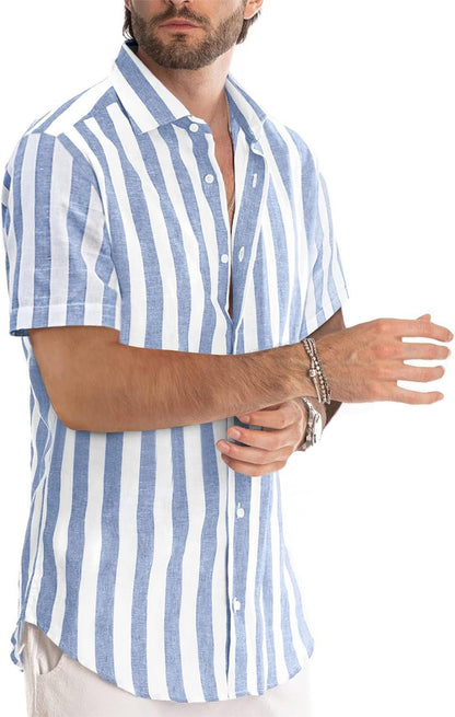 Men'S Casual Stylish Short Sleeve Button-Up Striped Dress Shirts Cotton Beach Shirt