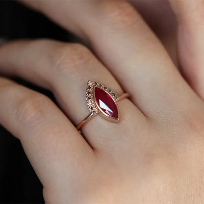 Unique Natural Rhombus 2 in 1 Ruby Engagement  Rose Gold Ring Marquise Bridal  Wedding Ring With Black Diamonds Women Ruby Ring Diamond Fine Jewelry