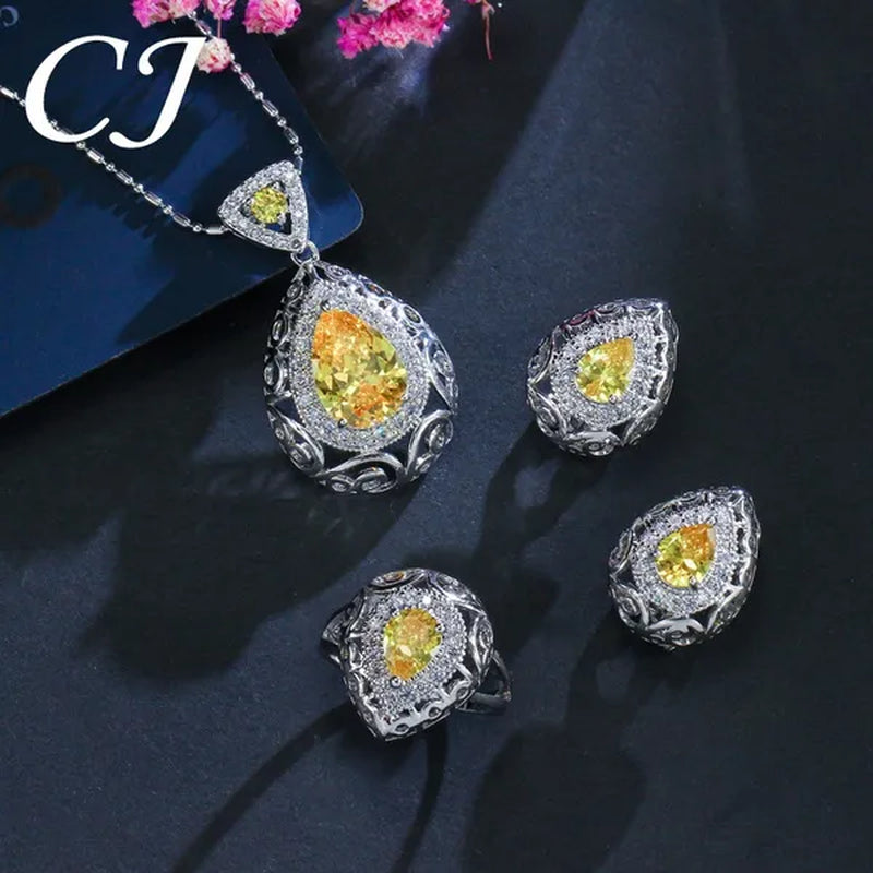 CANDICE Elegant Stamp Sterling Silver Plated Women Jewelry Set Pear Drop Red Cubic Zirconia Necklace Earring Ring 3pcs Sets