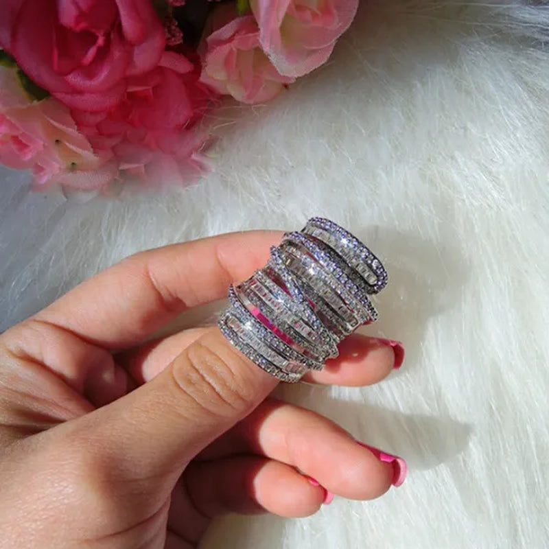 Elegant  Silver White Sapphire Natural stone Birthstone Gemstones Engagement Wedding Anniversary Bride Man Women Ring Size 6 7 8 9 10
