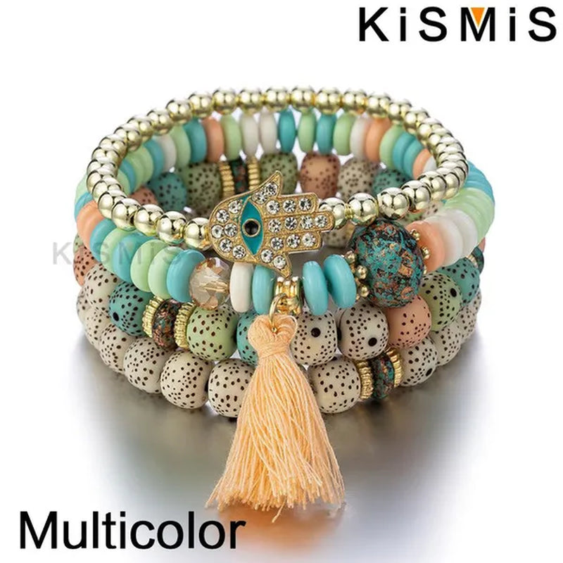 KISMIS 4Pcs/Set Bohemian Mix Bead Multi Layer Versatile Statement Bracelet Stackable Beaded Strand Stretch Bangles Sparkly Crystals Tassel Charms 1Set or 2Sets Optional