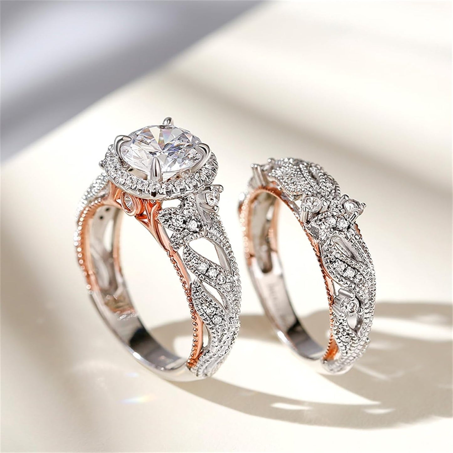 4 Carat Openwork Ring Sets for Women 925 Sterling Silver Wedding Sets Rose Gold round Cut Halo Engagement Ring White Diamond Band CZ Solitaire Anniversary Promise Rings