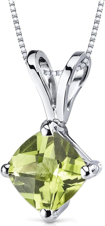 Solid 14K White Gold Peridot Pendant for Women, Genuine Gemstone Birthstone Classic Solitaire, Cushion Cut, 6Mm, 1 Carat Total