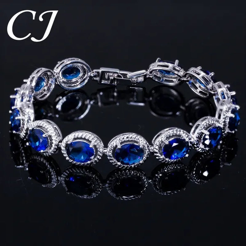 CANDICE Luxury Quality Oval Blue Crystal Women Strand Bracelet Bangles Setting Stylish Silver Plating CZ Hand Jewelry for Lady Anniversary Birthday Gifts