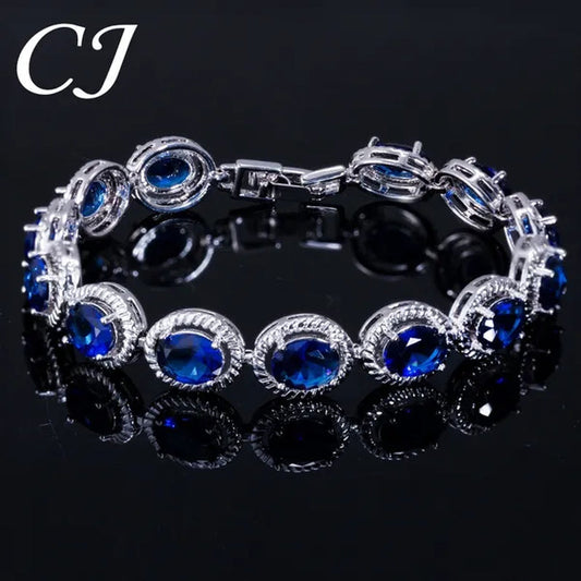 CANDICE Luxury Quality Oval Blue Crystal Women Strand Bracelet Bangles Setting Stylish Silver Plating CZ Hand Jewelry for Lady Anniversary Birthday Gifts