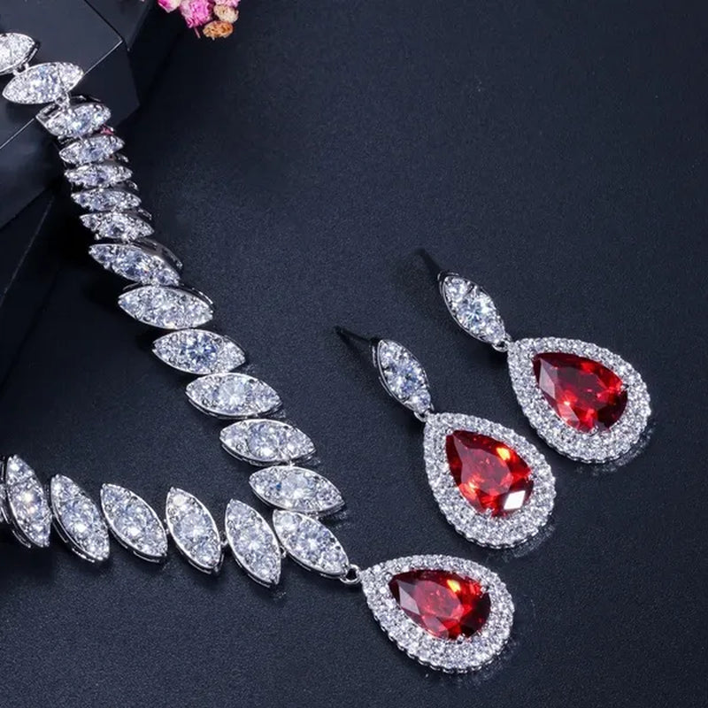 Gloriya Gorgeous Platinum Plated Party Jewelry Paved Indian Red Cubic Zirconia Crystal Big Tear Drop Necklace Earrings Set for Female Evening